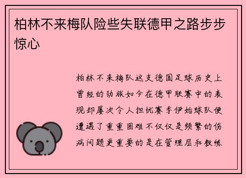 柏林不来梅队险些失联德甲之路步步惊心