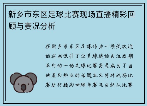 新乡市东区足球比赛现场直播精彩回顾与赛况分析
