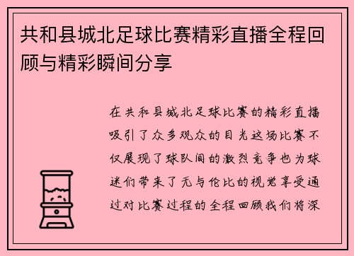 共和县城北足球比赛精彩直播全程回顾与精彩瞬间分享